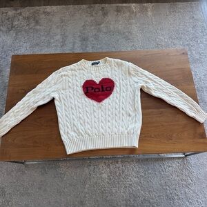 Polo Ralph Lauren Women Cable Knit Sweater Cream Heart Logo Size M 165/92A